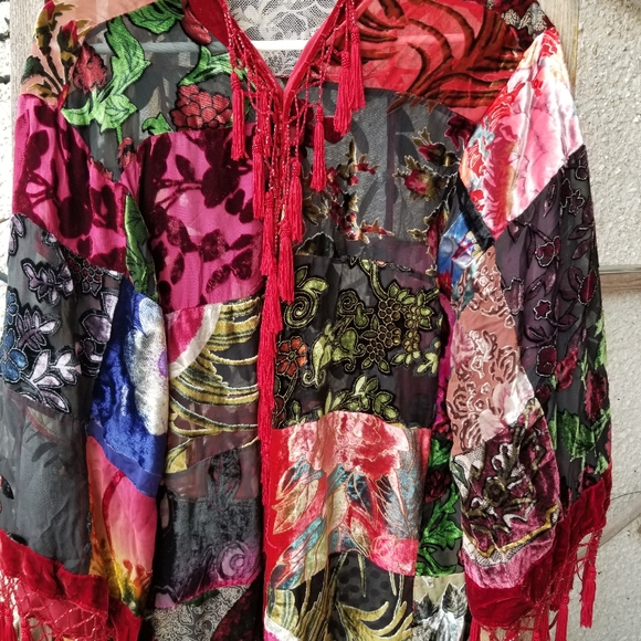 Midi PATCHWORK kimono VELVET SILK BLEND bead fringe COAT s/m - Picture 12 of 12
